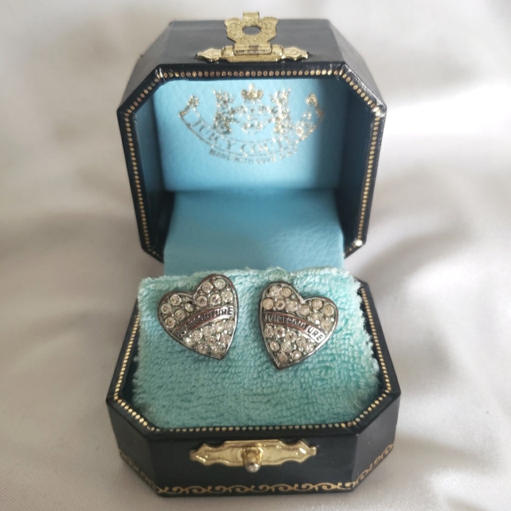 100% Authentic USED Silver Juicy Couture Heart Sparkle Costume Jewelry Earrings